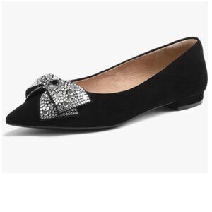 FYS Black Bowknot Pointed Toe Pumps Rhinestone Studded Low Heel Slip On Shoes